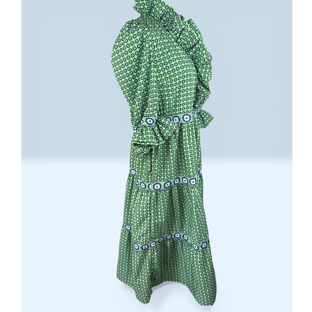 Gretchen Scott SZ Med The Posh Foulard Green Medallion Ruffle V-Neck Maxi dress - Picture 3 of 15